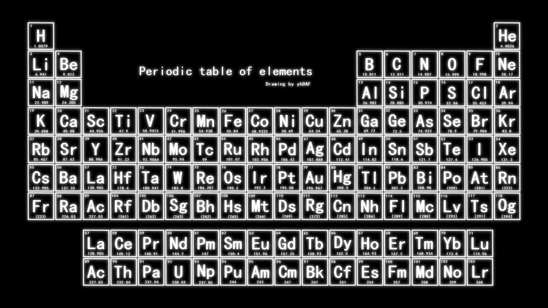 委托 用ae做了个化学元素周期表壁纸 因为是手工码字和对齐 会有几像素的对齐误差 不过如果不仔细看不是很明显 一个元素一个元素地制作还挺费劲的 这个本质是壁纸 虽然是在网上找来的数据 但最好还是不要以这个为标准 后面几个用了 和 的相对原子质量或