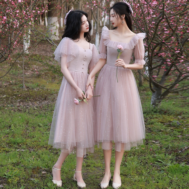 伴娘服仙气质2021新款夏季中长款婚礼姐妹团礼服女粉色创意伴娘裙
