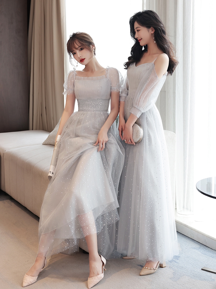 灰色伴娘礼服仙气质2021新款夏季姐妹团礼服裙女长款简单大方显瘦