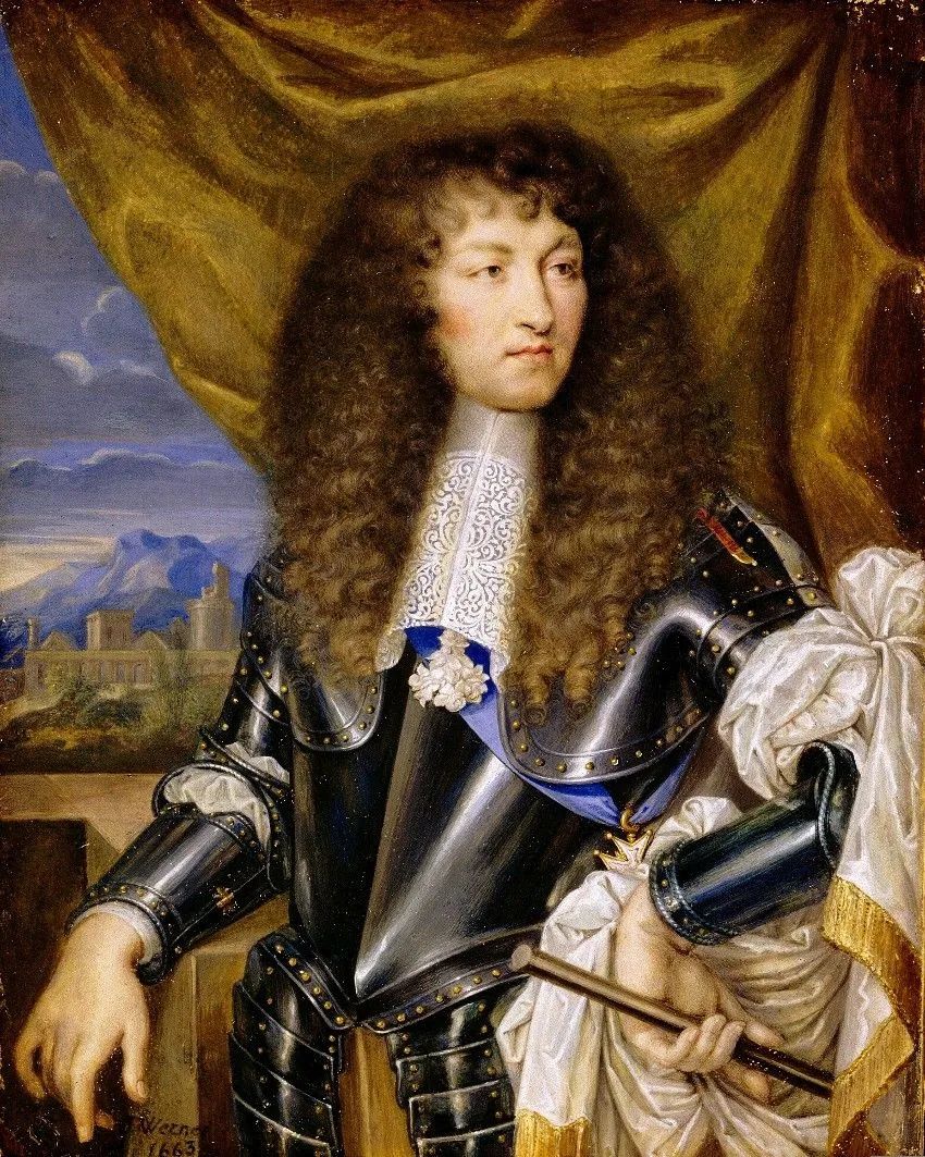 路易十四亲政时期画像,夏尔·勒布伦绘,约1662年 画上的路易头发