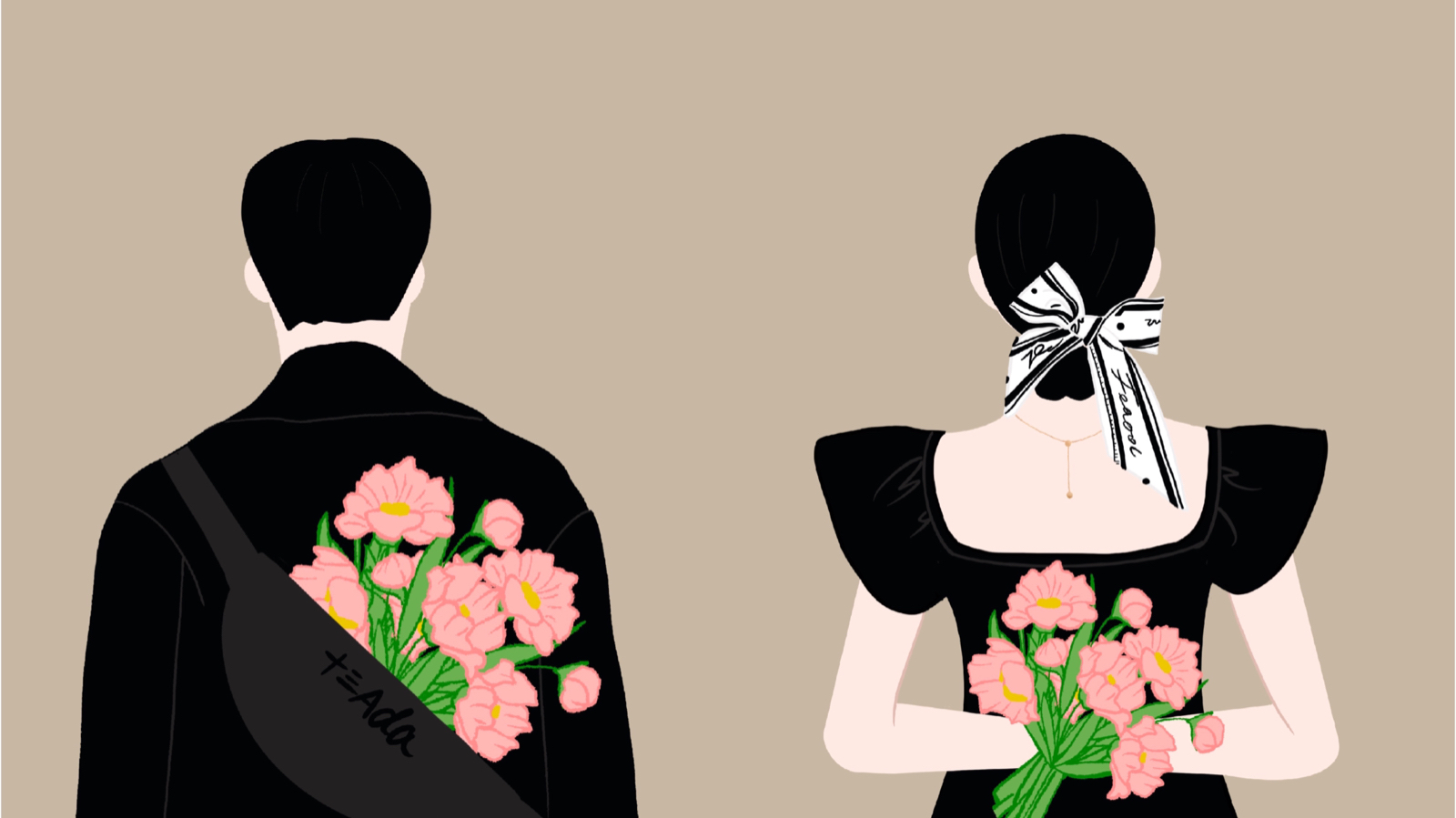 手捧一束鲜花卡通插画 Hands of man and woman holding bouquet of flowers. – 设计小咖
