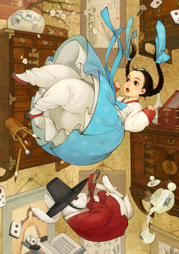 obsidian 可爱有趣的插画,不过,韩国版的爱丽丝,连白兔先生都思密达