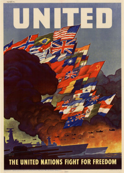 二战美国海报,绘有反法西斯阵营中为自由而战的诸多国家旗帜,上面写着