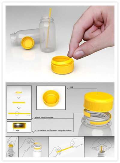 他将饮料瓶盖下那一圈塑料带设计成了空心的吸管,我们打开瓶盖后很