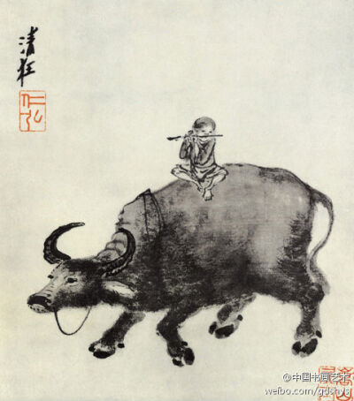 明 郭诩《牛背横笛图》--- 郭诩精于粗笔写意画,此画是他的代表作之一