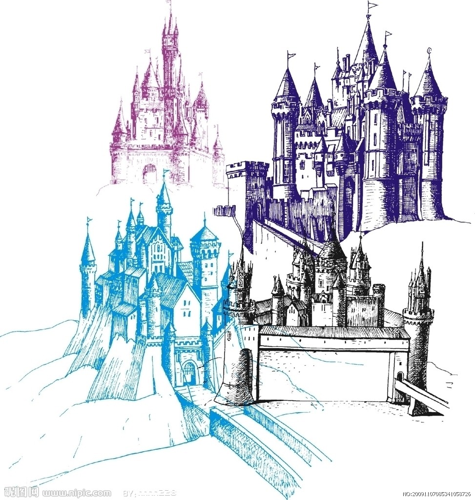 手绘的城堡插画,很细致的华丽