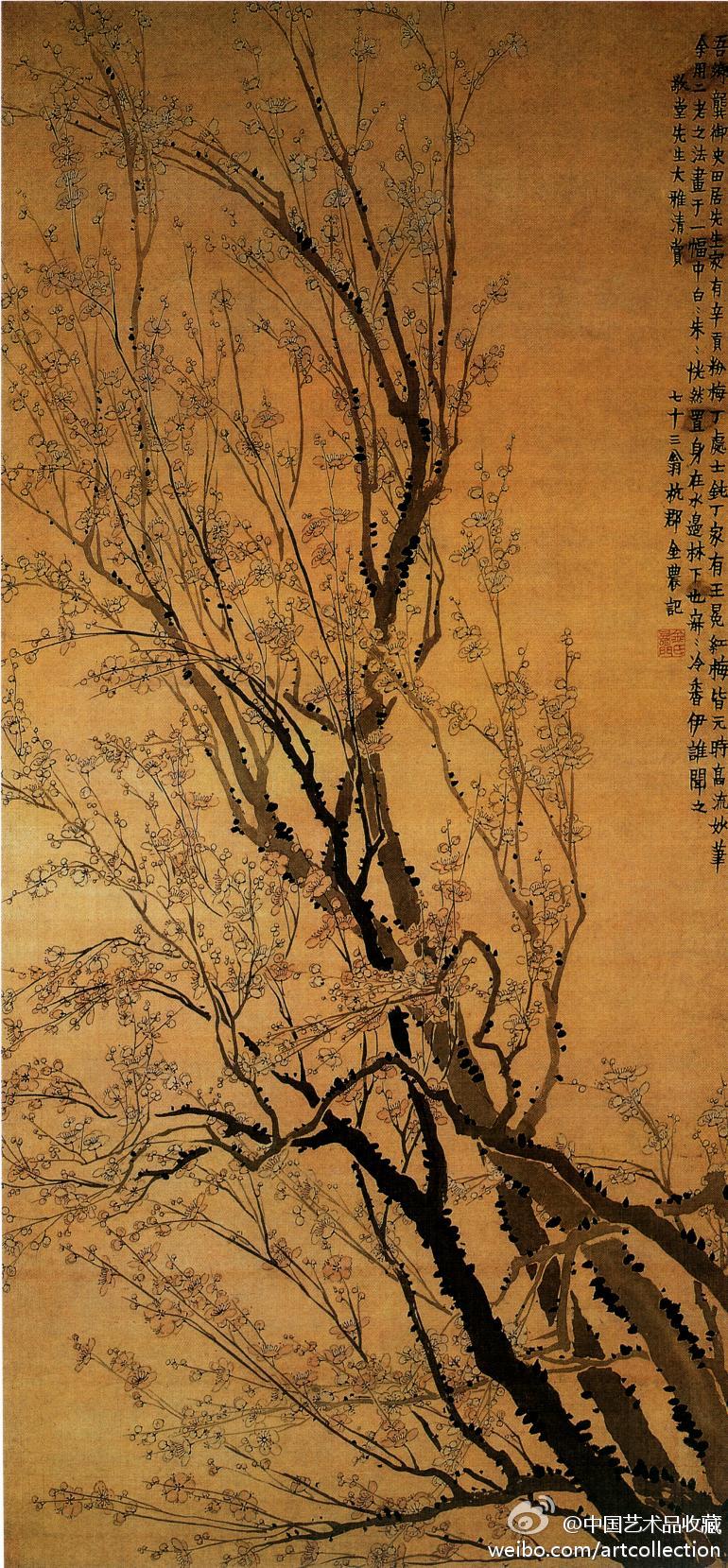 此画从款题中可知是金农将元人辛贡,王冕所创的粉,白梅法,集写于一画