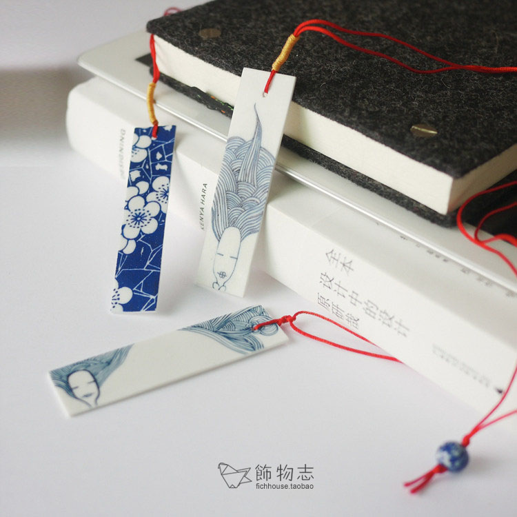 饰物志|素瓷片 青花绘 陶瓷书签 手制陶瓷