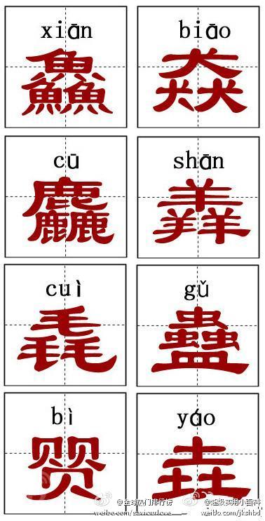 【三字经扫盲】鑫(xīn) 淼(miǎo) 焱(yàn) 垚(yáo) 犇(bēn) 掱(pá) 瞐(mò)畾(lěi) 骉(biāo) 羴(shān)猋(biāo)麤(cū)鱻(xiān)赑(bì)聶(niè)矗(chù)龘(tà、dá)厵(yuán)飝(fēi)刕(lí)尛(mó)歮(sè)飍(xiū)雥(zá)嚞(zhé)馫(xīn)灥(xún)。