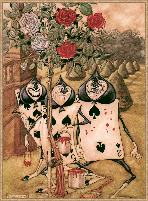 最古旧版本的爱丽丝梦游仙境插图,小时候看就很喜欢这几个扑克的形象.