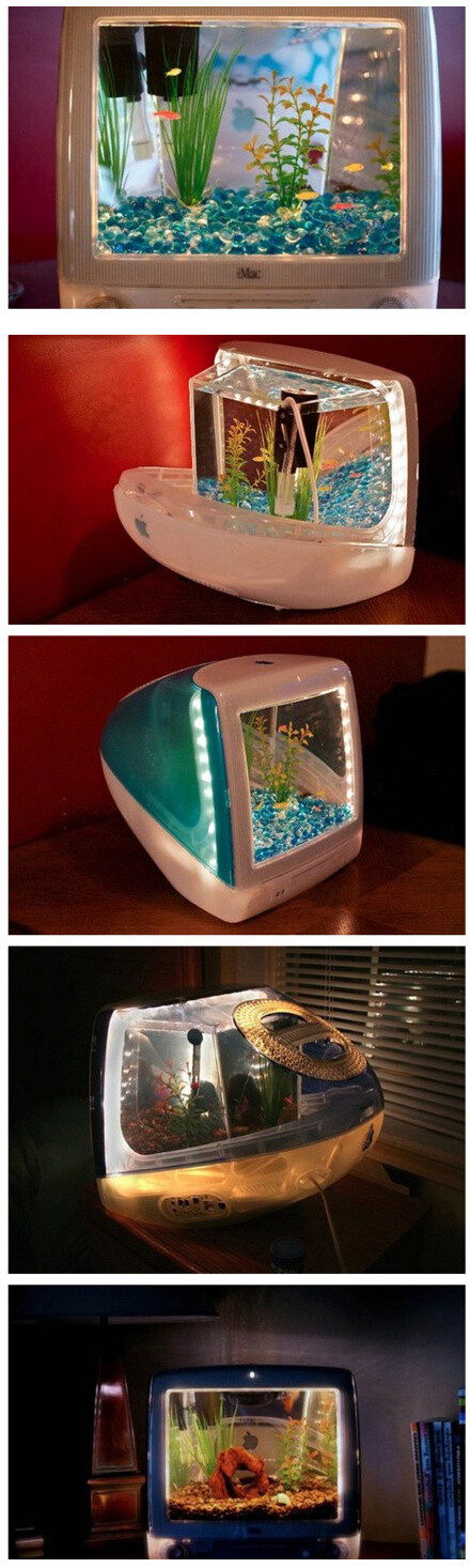 迷你imac水族馆 Jake Harms把一台老式mac改造成了个性鱼缸 鱼儿在半
