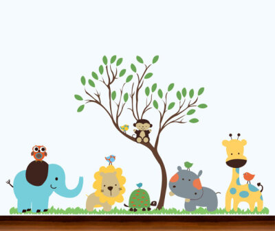 幼儿园大弯曲的丛林树和动物集 - 乙烯墙艺术贴花