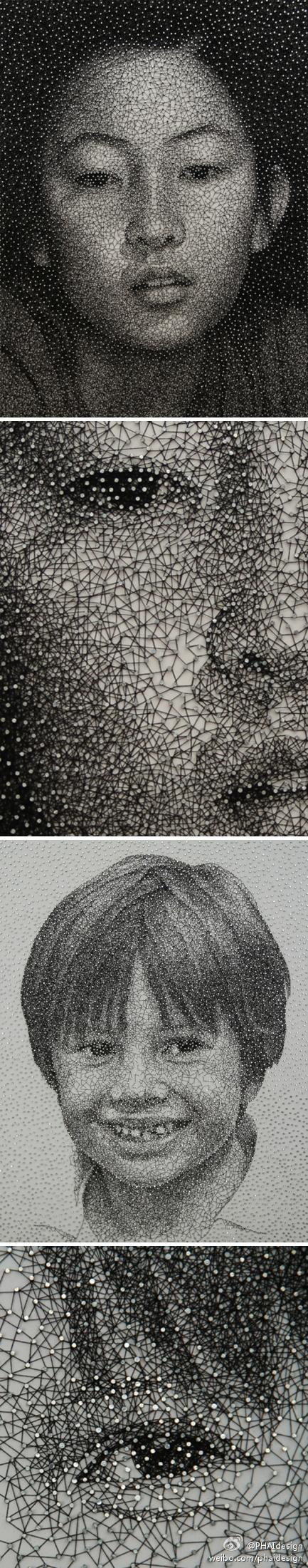 纽约艺术家kumi yamashita利用钉子定位,并手工缠绕线团制作出的这些