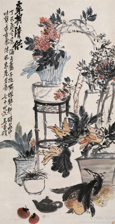 吴昌硕《岁朝清供】立轴,纸本设色,172.5×88.5cm,1917年作.