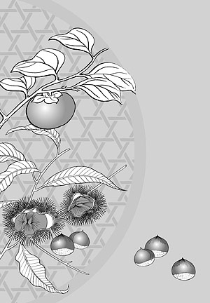 日本线描植物花卉矢量素材-4(栗子,柿子)