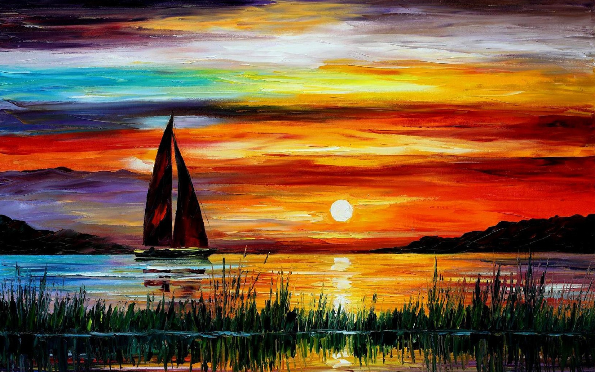 精美油画,夕阳大海帆船 壁纸 1920x1200