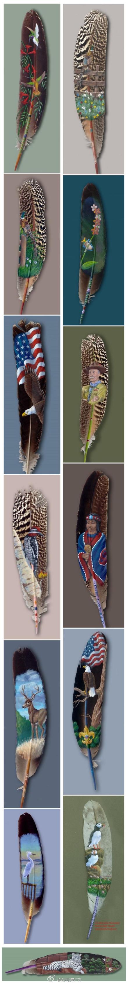 美国艺术家julie thompson在孔雀羽毛上绘制的羽毛画,笔法细腻,且有一