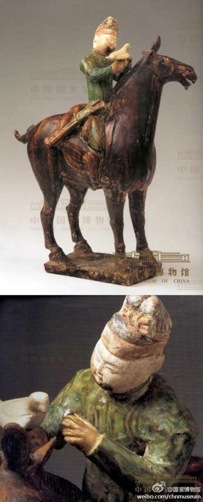 【绞胎釉陶狩猎骑马俑】唐,1972年陕西省乾县出土,高37厘米.