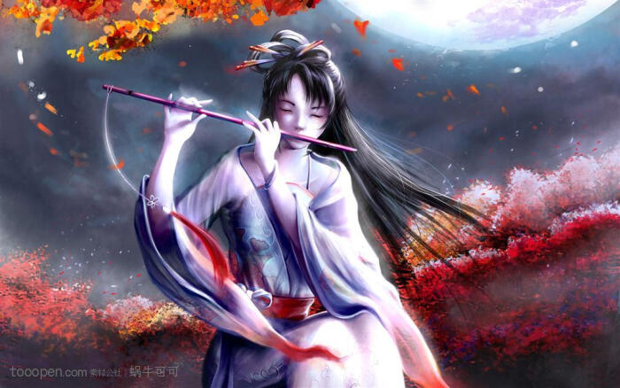 卡通动漫-吹着笛子的美女