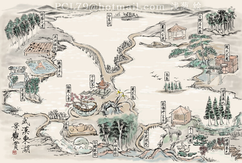 武汉 东湖景观赏 武汉东湖手绘地图. 浅葱 绘