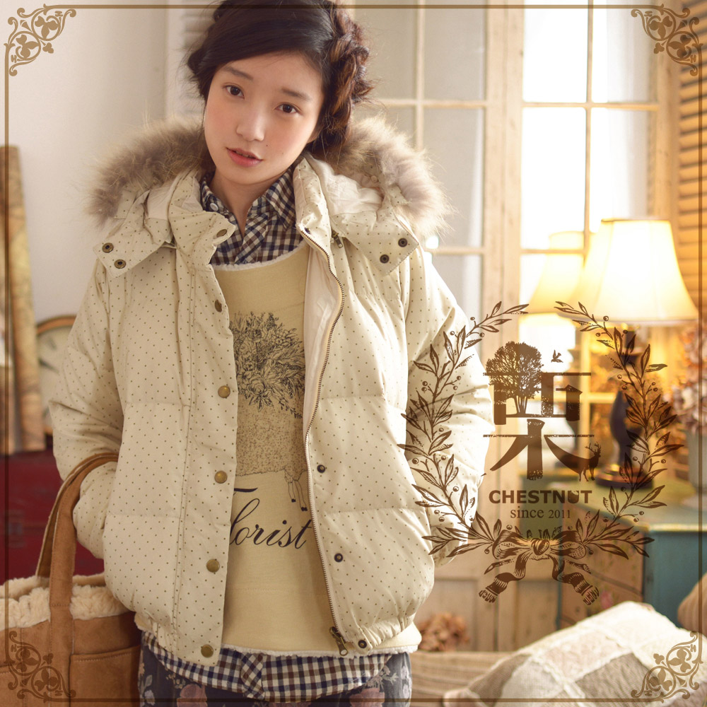 dear栗森女风日系冬季保暖必备波点连帽羽绒服森系外套