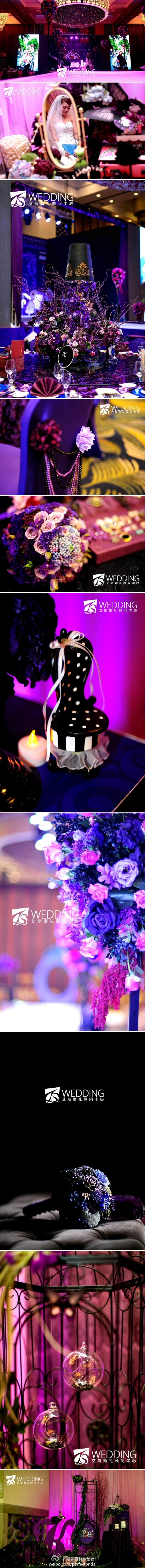 Anna Sui 的衣橱 本场婚礼多得新人的信任与支持 策划师延续了这个品牌色调大胆的风格 在婚礼上尝试了罕有出现的黑色元素 在灯光的渲染下 神秘的黑色与优雅的紫色的相搭配让人感觉到一种抢眼的 近乎妖艳的色彩震撼