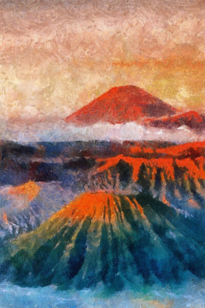 火山 油画 山峰