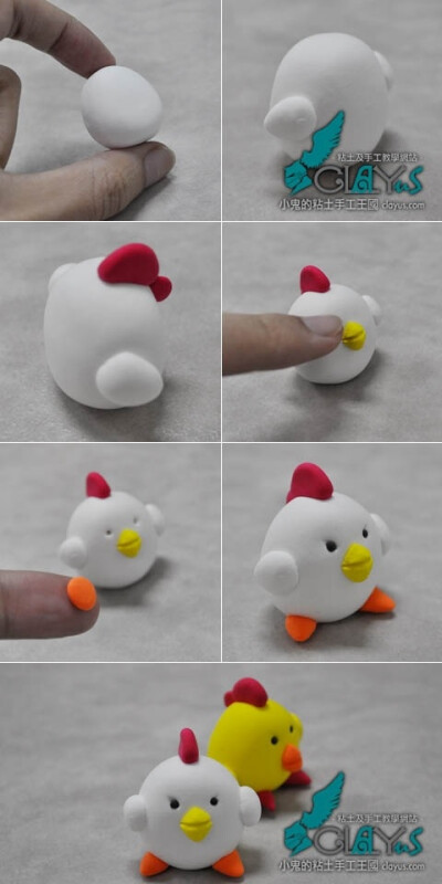 简单轻粘土教学-小鸡的简易制作方法:1 用白色粘土做出一个蛋蛋形.