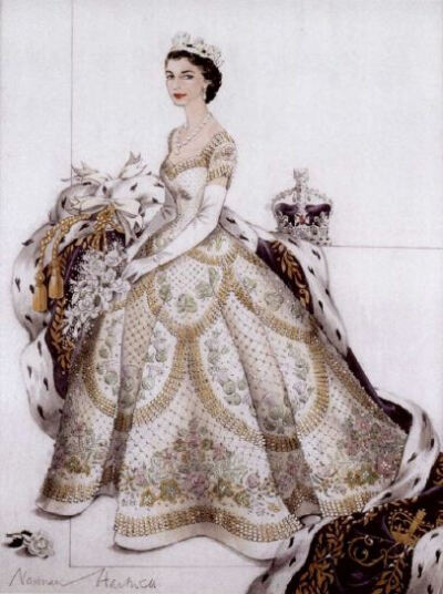 英国女王伊丽莎白二世的加冕礼服,这套白色的绸缎礼服上绣满珍贵的