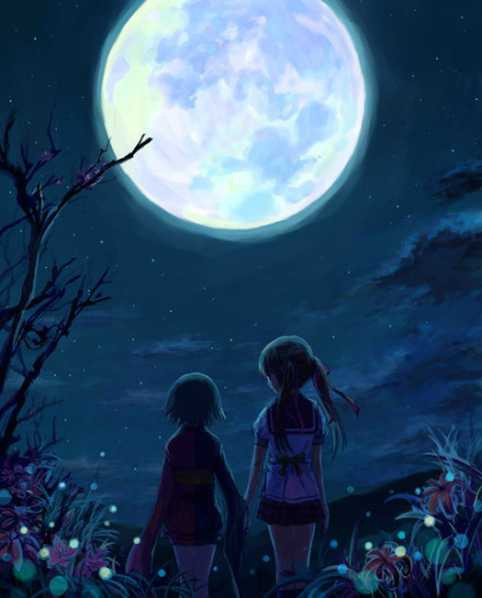 我们一起看月亮吧 青紫 冷色系 插画 唯美 影子
