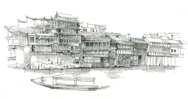 武汉绘晨手绘 景观手绘效果图 凤凰古城手绘写生