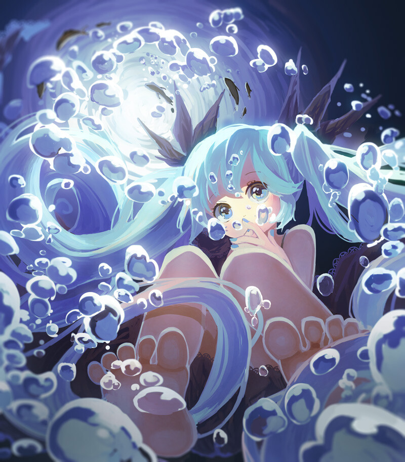 ごぼごぼ p站 二次元 插画 少女 手绘 头像 初音未来 miku 深海少女