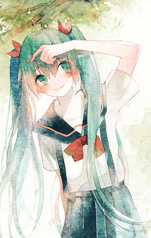 无题p站 二次元 插画 少女 头像 手绘 透明水彩 初音未来 miku