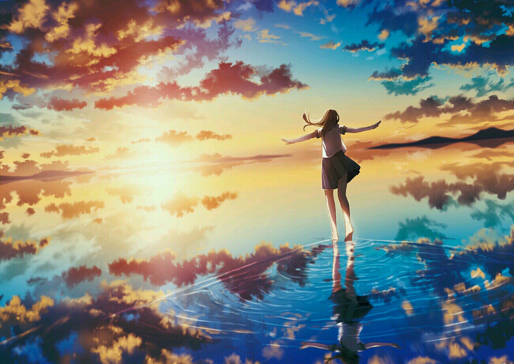 夕阳西下,海阔天空.好美.唯美 壁纸 插画