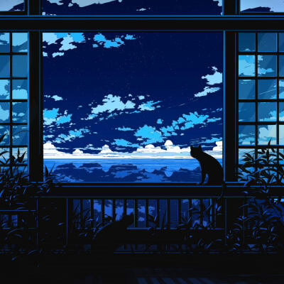 p站 插画 原创 场景 壁纸 窓 窗户 猫 蓝色 美丽 画师:矶部トースト_3