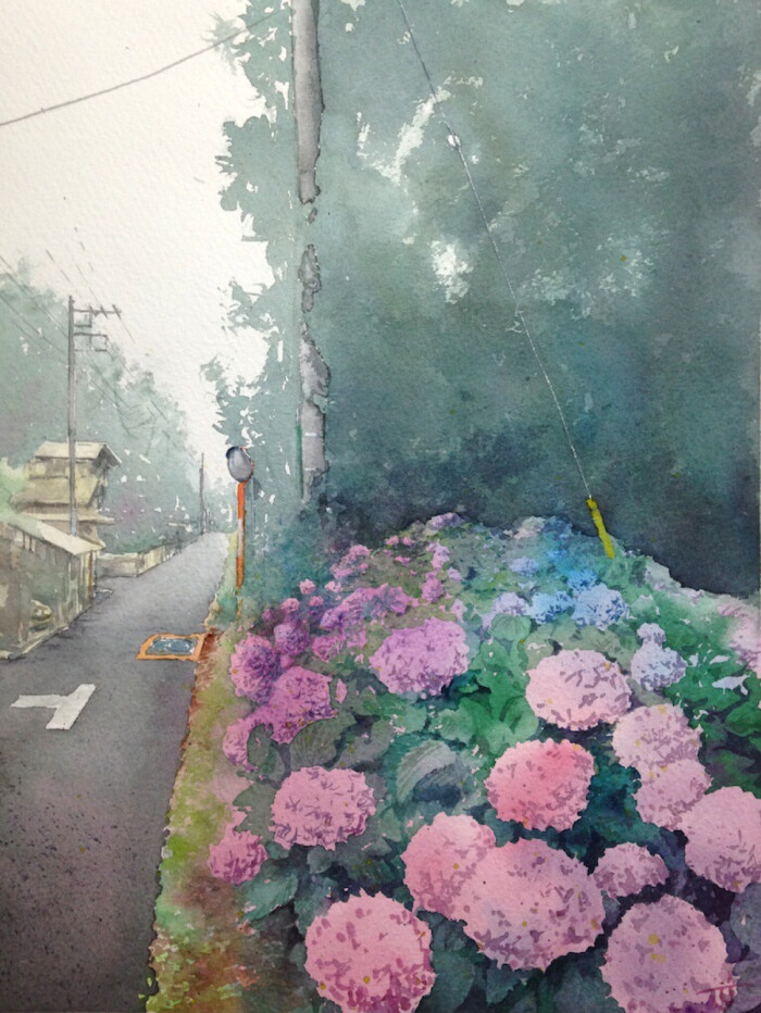 六月の道插画iphone壁纸水彩紫阳花 堆糖 美图壁纸兴趣社区