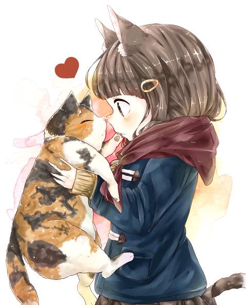 猫耳少女与猫亲吻 二次元