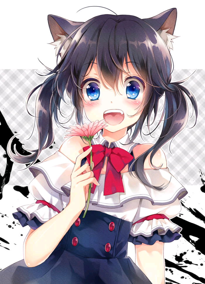 猫耳 黑发 双尾辫 少女 拿着小雏菊 头像 二次元 美女 lt;清&amp