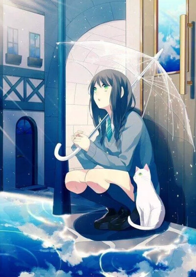 手机壁纸 下雨天 少女 二次元 插画 动漫_(:з」∠)_摸熬毛