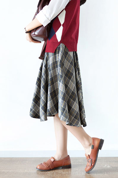 秋 韩国订单复古学院风格子半裙 中长款不规则格子半身伞裙