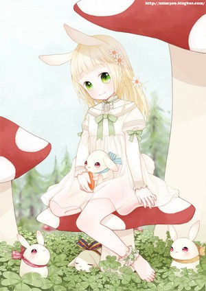 坐在蘑菇上的 二次元 兔耳少女 怀里抱着兔子