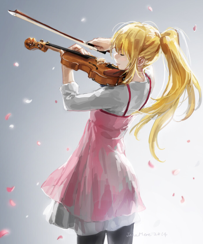 金发唯美少女拉小提琴花瓣随风飞舞单马尾飘纱