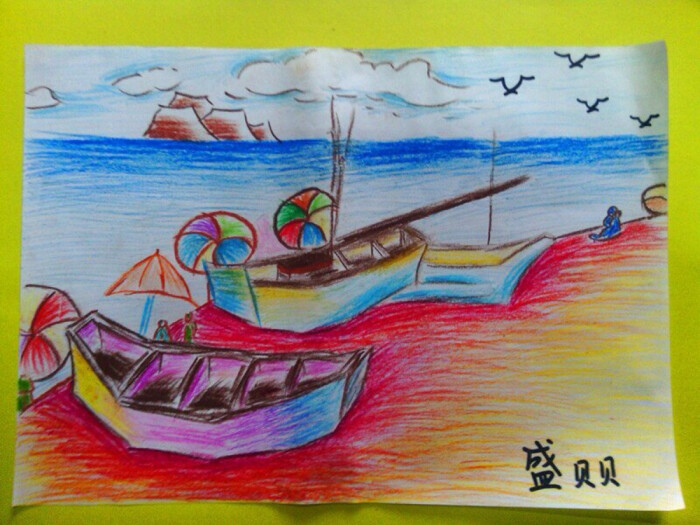 风景.渔船.海鸥.儿童画.美术.图片.