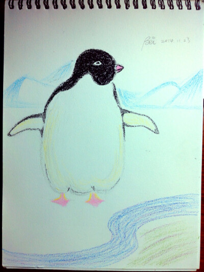  胖胖的企鹅>蜡笔画.手绘.儿童画