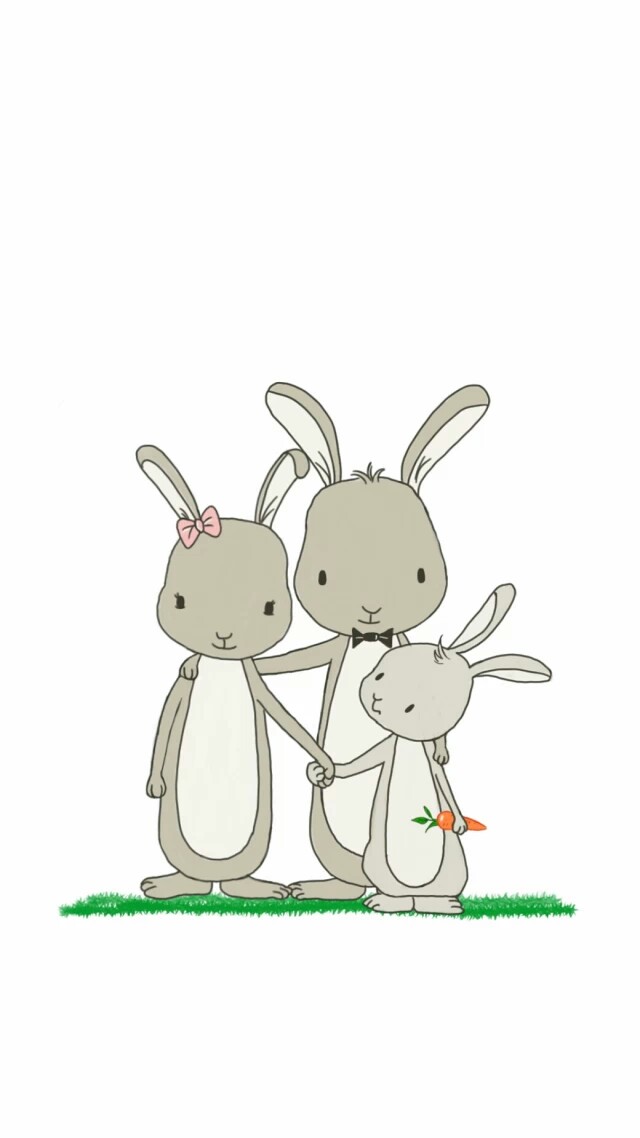 原创手绘可爱兔子一家三口卡通壁纸幸福