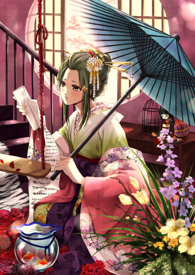 雪村 千鹤 艺妓 装 和风和服 古式伞 古装二次元美女【薄樱鬼】