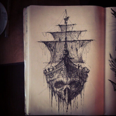 骷髅头海盗船帆船纹身