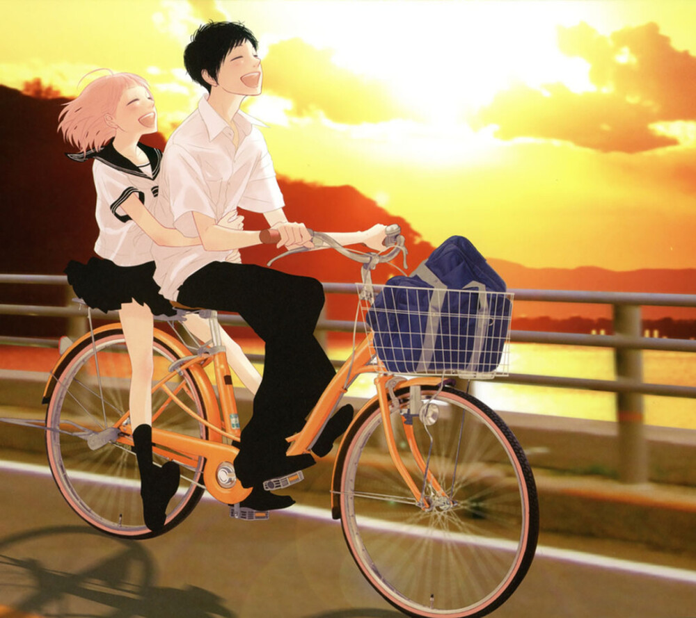 简单爱动漫情侣骑单车唯美图片卡通情侣骑自行车浪漫图片动漫骑单车