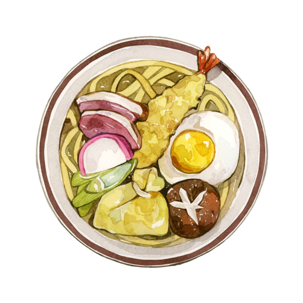 森系水彩画 食物 海鲜面条