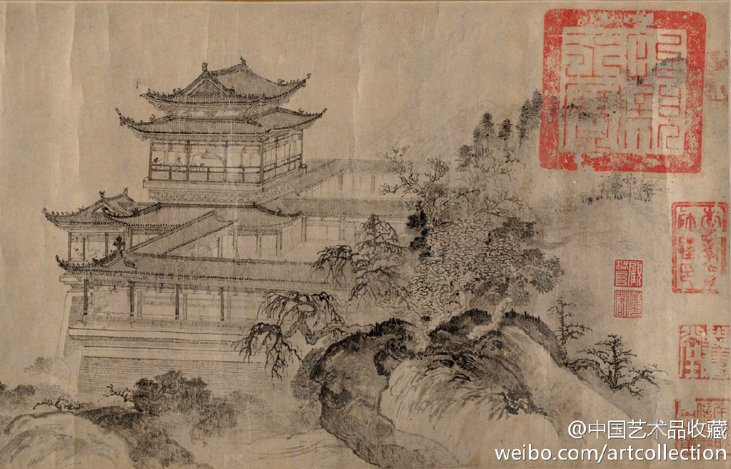 水墨画 元 唐棣《滕王阁图】卷,纸本,27.5×84.